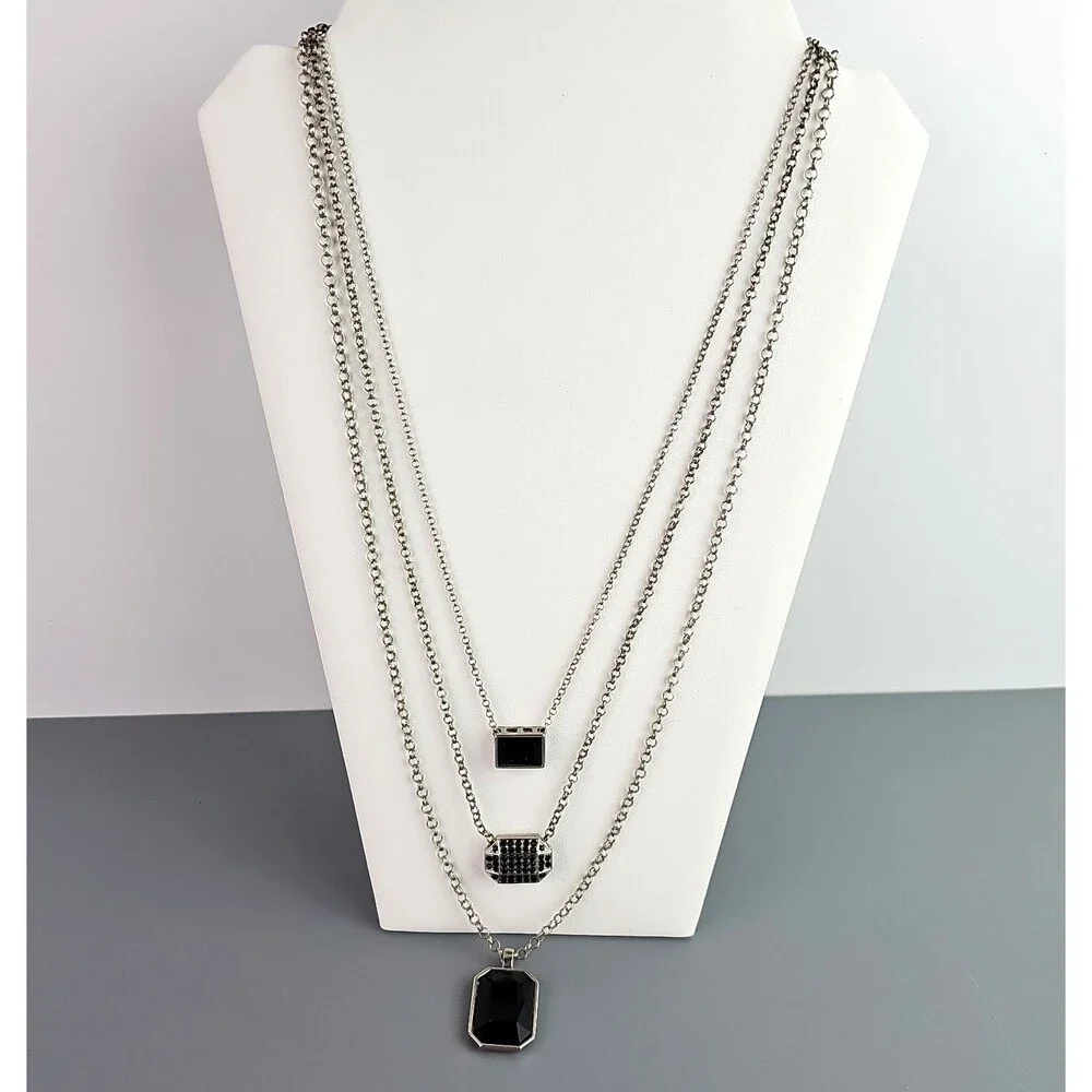 3 Layered Chain Necklace Black Theme Pendants Silver Tone 22 26 30 inch